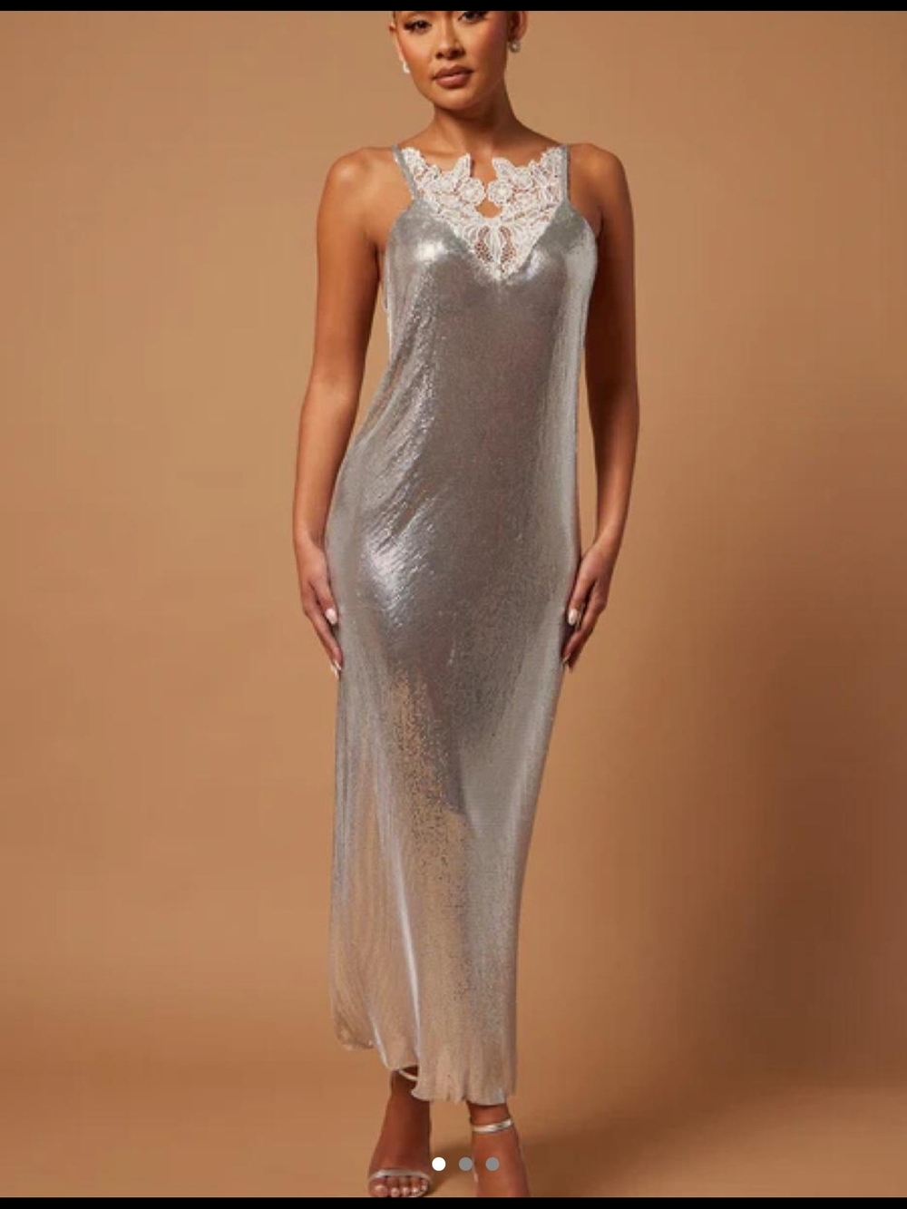 Fashion Nova Silver Metallic Lace-Trim Slip Gown